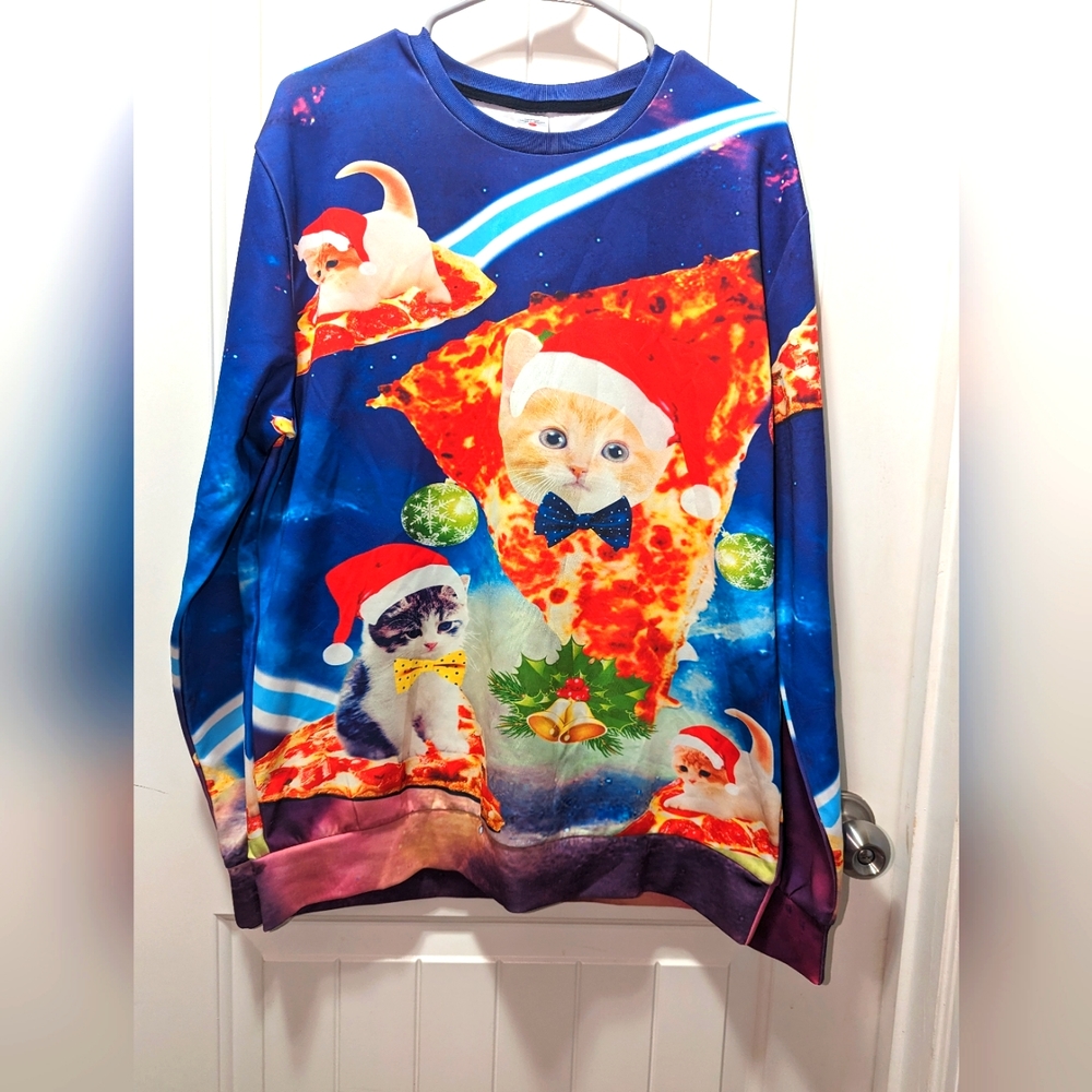 Galaxy Cat on Pizza Ugly Christmas Sweater size large
